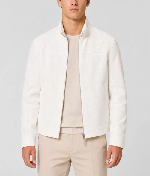 Mens White Suede Leather Jacket - Front