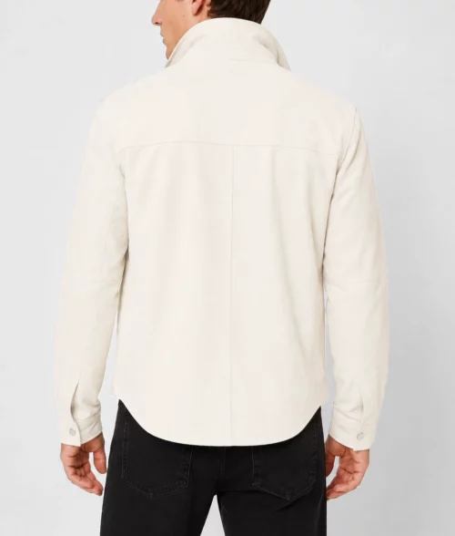 Mens White Zip-Up Suede Leather Jacket - Back