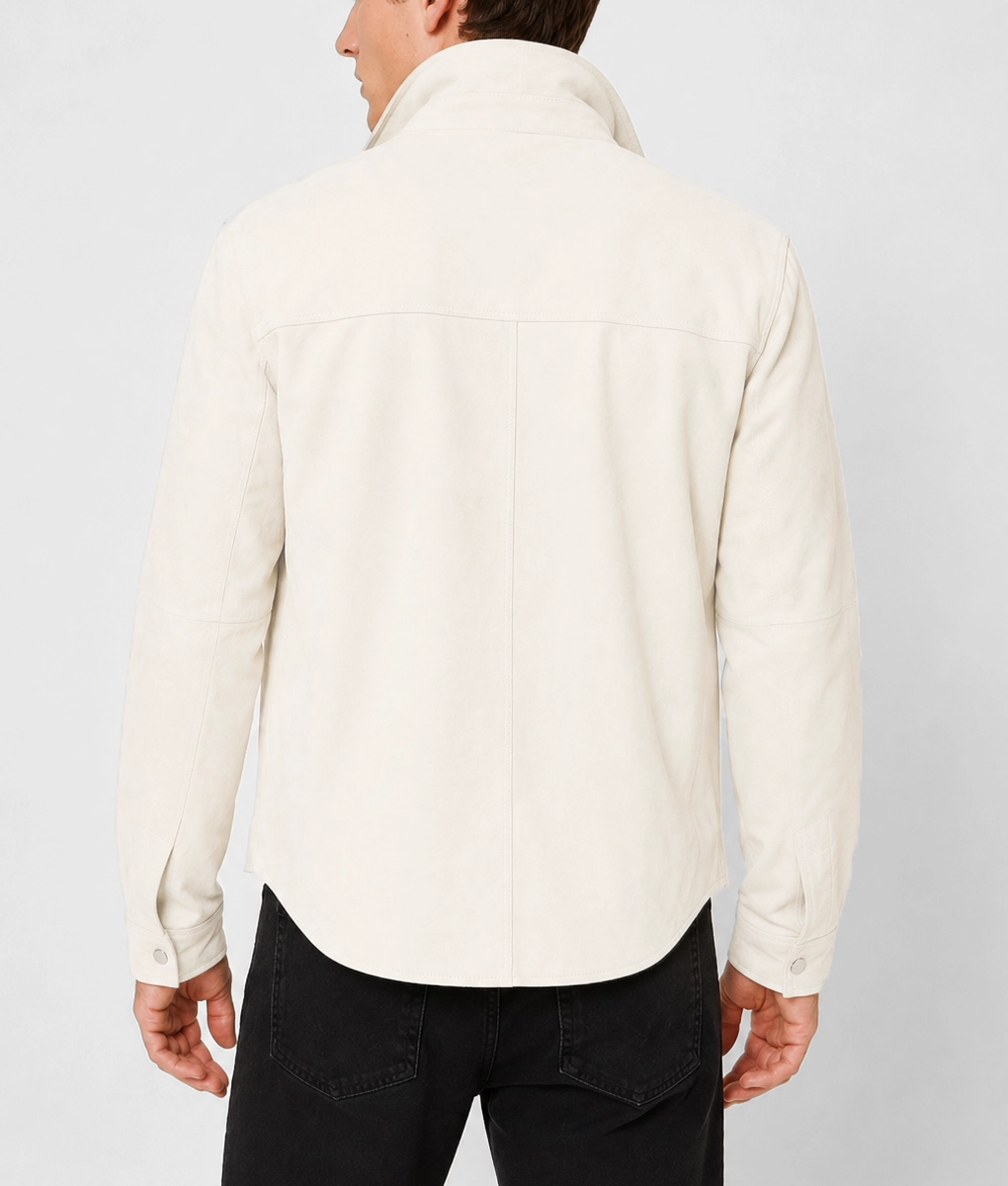Mens White Zip-Up Suede Leather Jacket - Back