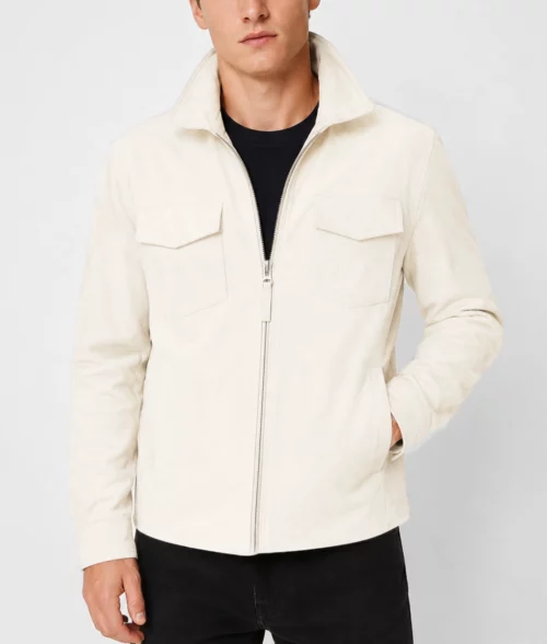 Mens White Zip-Up Suede Leather Jacket - Front