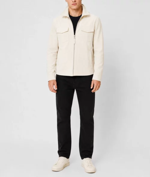 Mens White Zip-Up Suede Leather Jacket - Full