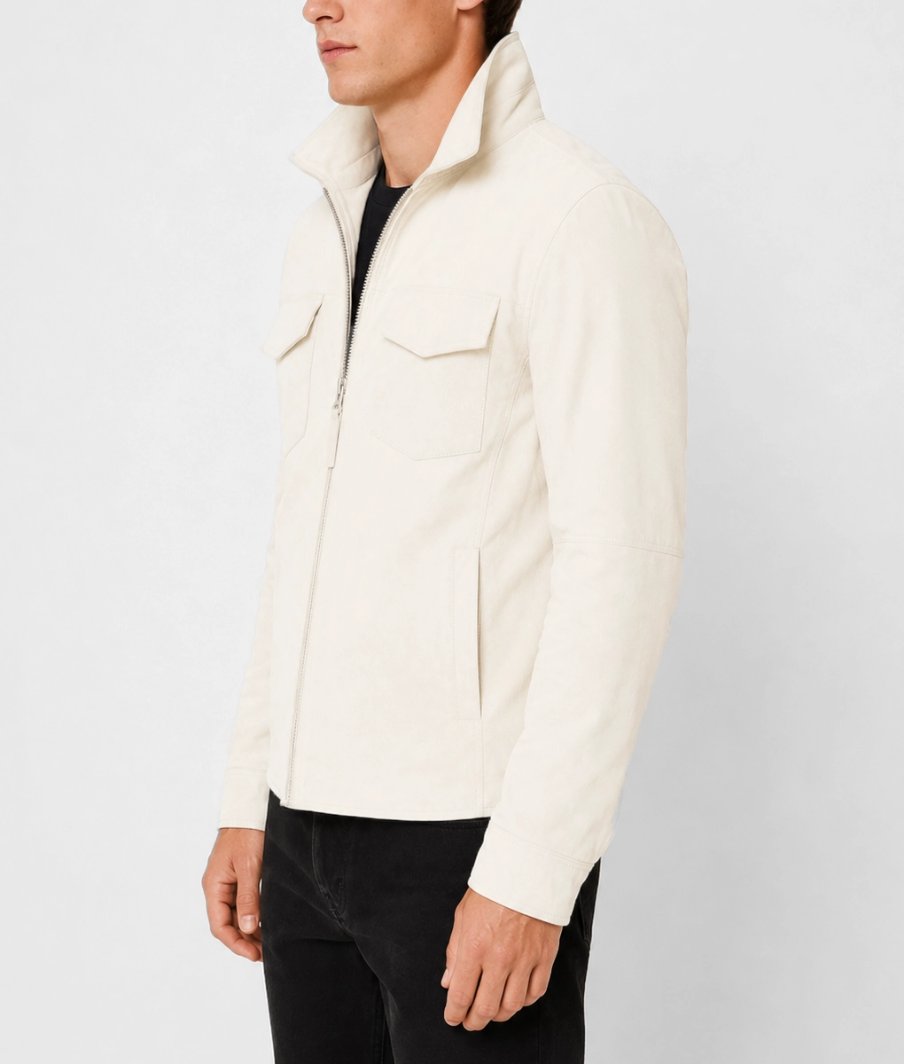 Mens White Zip-Up Suede Leather Jacket - Side