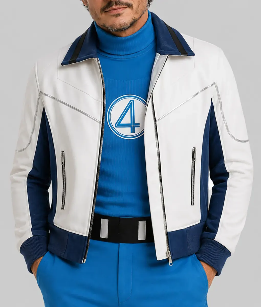 Pedro Pascal White & Blue Leather Jacket - Front