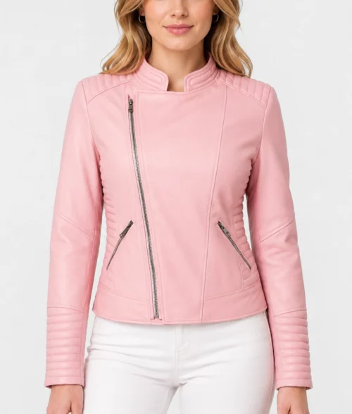 Womens Baby Pink Leather Moto Jacket - Front