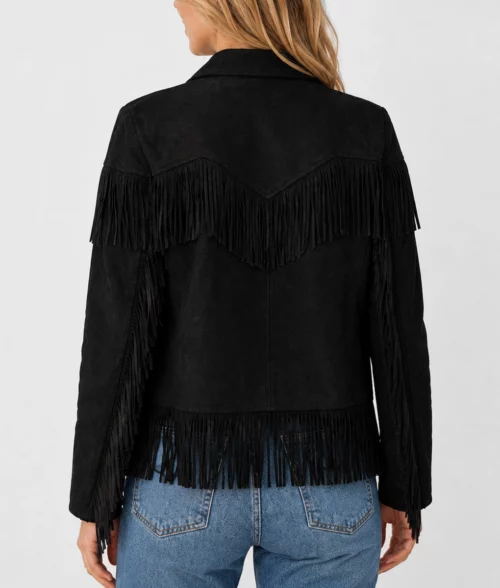 Womens Black Fringe Suede Leather Jacket - Back