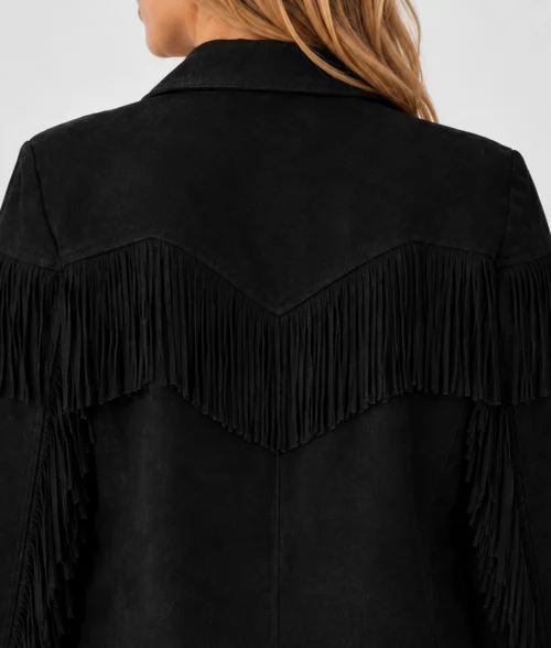 Womens Black Fringe Suede Leather Jacket - Back Zoom