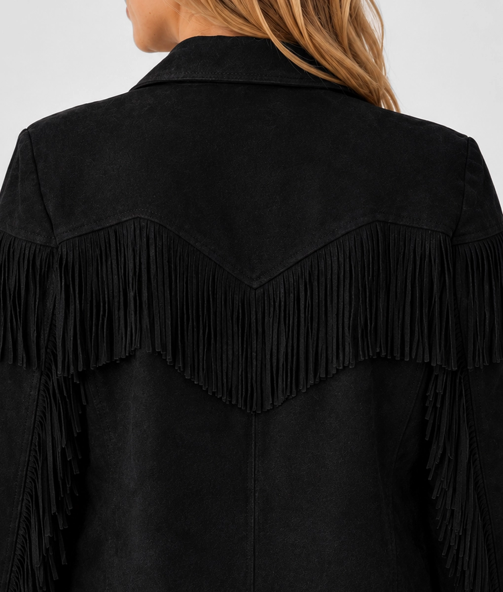 Womens Black Fringe Suede Leather Jacket - Back Zoom