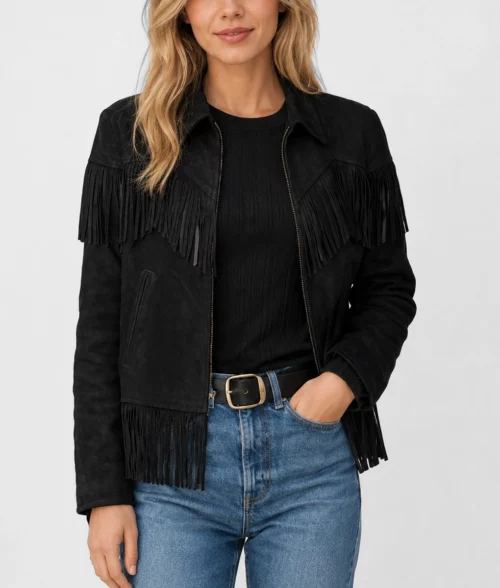 Womens Black Fringe Suede Leather Jacket - Front 1