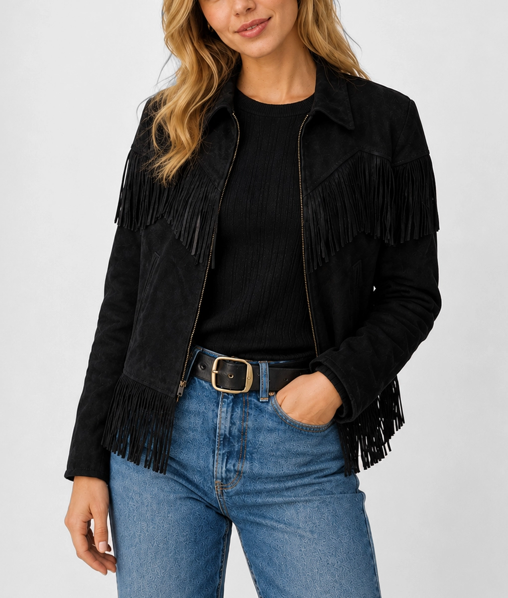 Womens Black Fringe Suede Leather Jacket - Front 2