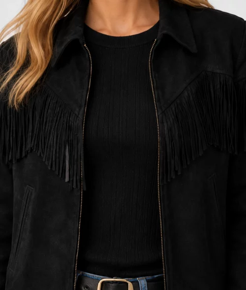 Womens Black Fringe Suede Leather Jacket - Front Zoom