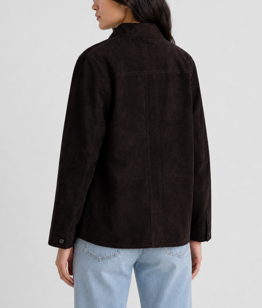 Womens Black Suede Leather Shirt Jacket - Back