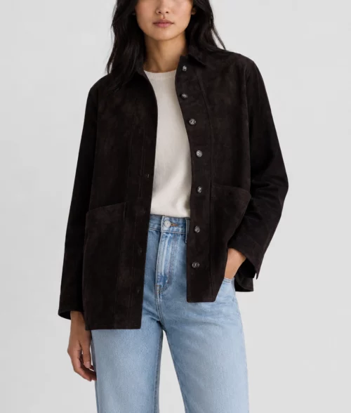 Womens Black Suede Leather Shirt Jacket - Front