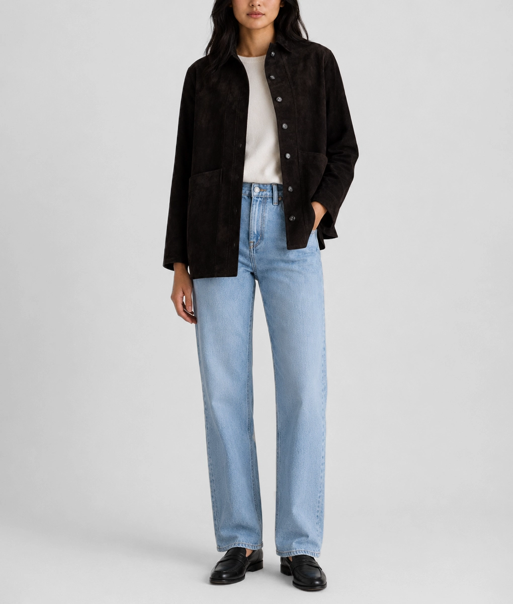Womens Black Suede Leather Shirt Jacket - Full