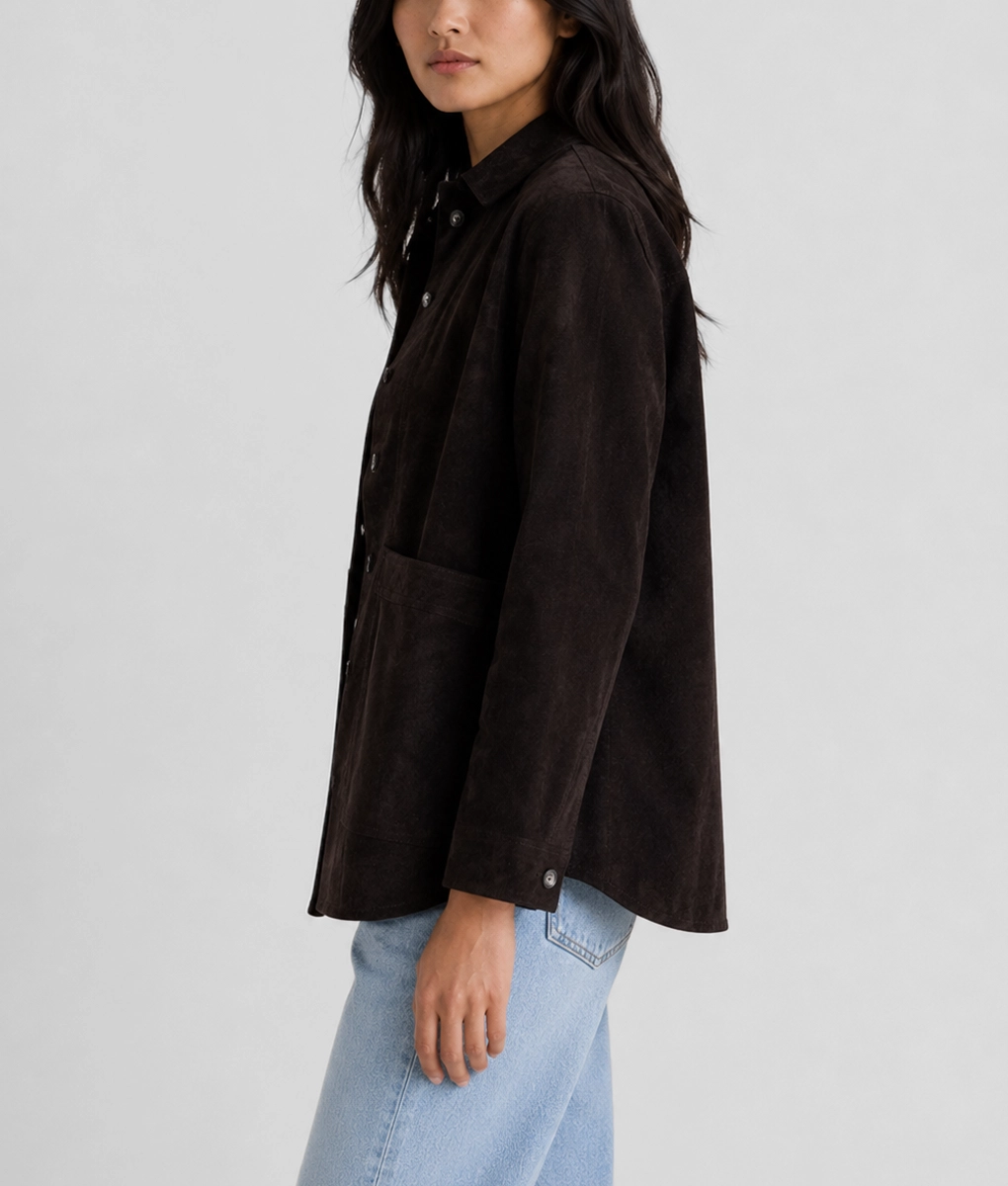 Womens Black Suede Leather Shirt Jacket - Side