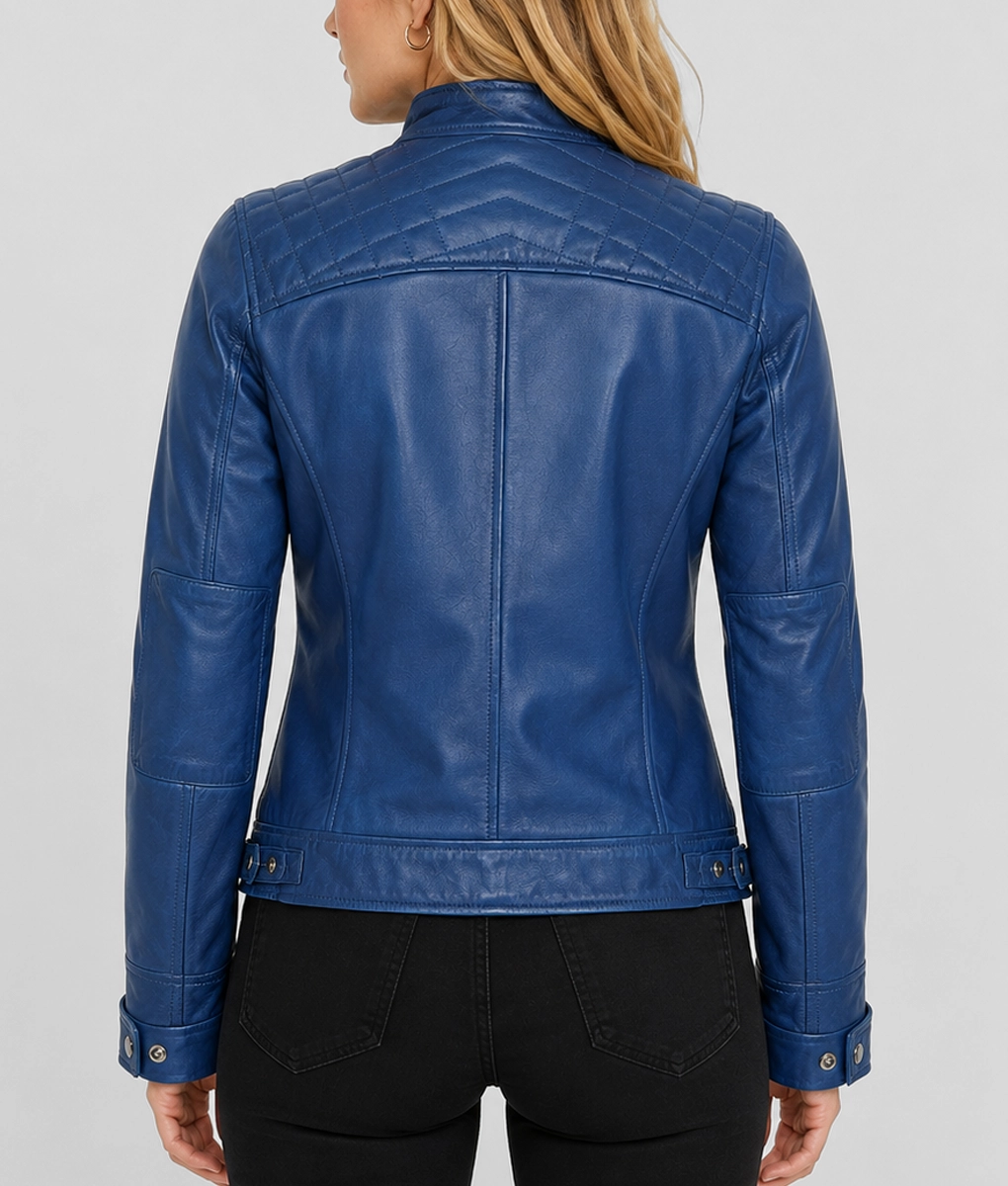 Womens Blue Quilted Shoulder Leather Jacket - Back