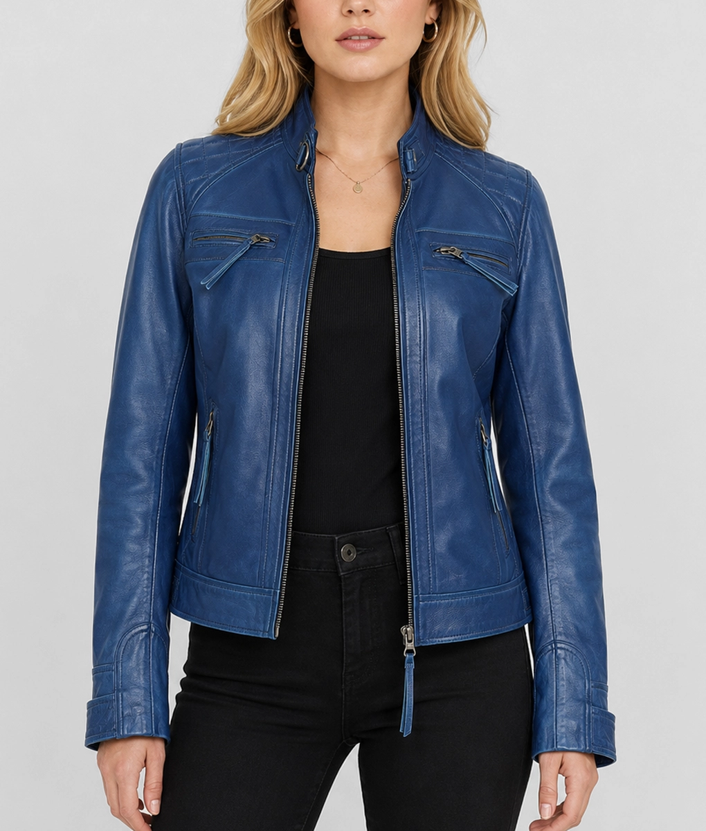 Womens Blue Quilted Shoulder Leather Jacket - Front