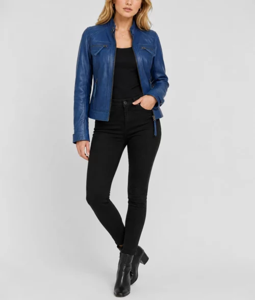 Womens Blue Quilted Shoulder Leather Jacket - Full