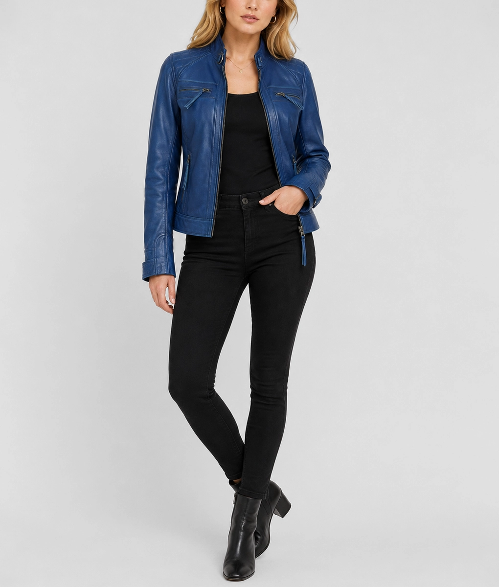 Womens Blue Quilted Shoulder Leather Jacket - Full