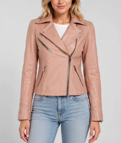 Womens Blush Pink Leather Biker Jacket - Front