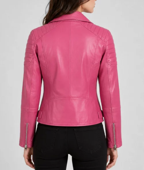Womens Bubblegum Pink Leather Biker Jacket - Back