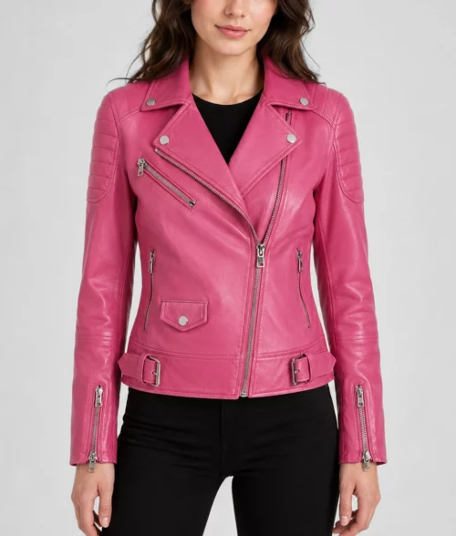 Womens Bubblegum Pink Leather Biker Jacket - Front