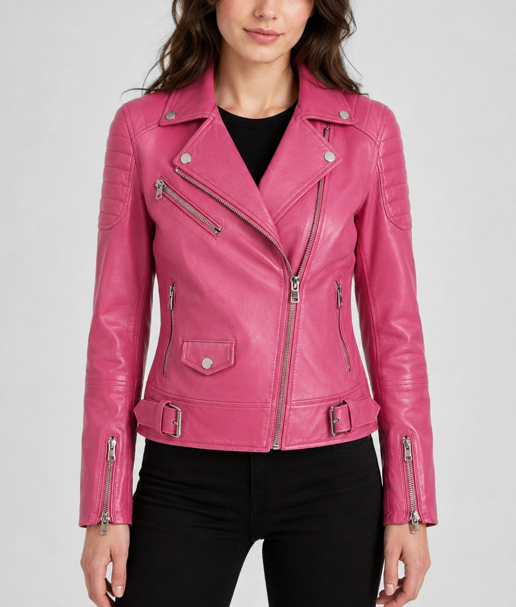 Womens Bubblegum Pink Leather Biker Jacket - Front