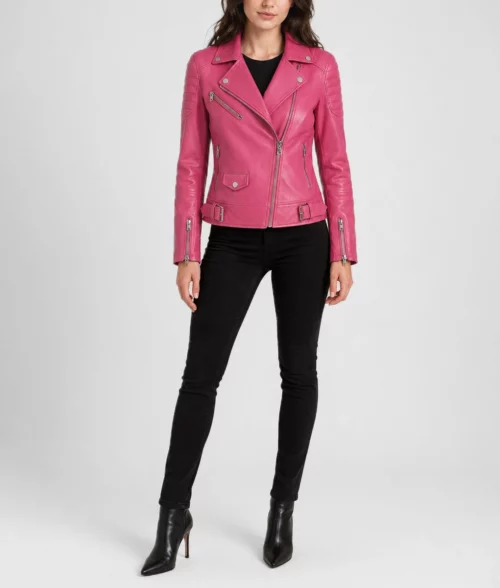 Womens Bubblegum Pink Leather Biker Jacket - Full