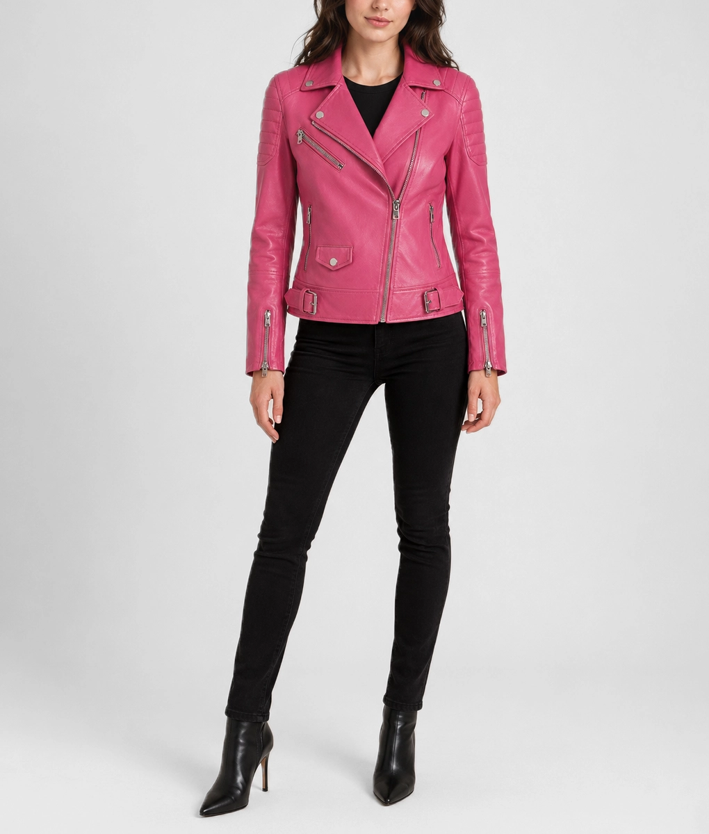 Womens Bubblegum Pink Leather Biker Jacket - Full