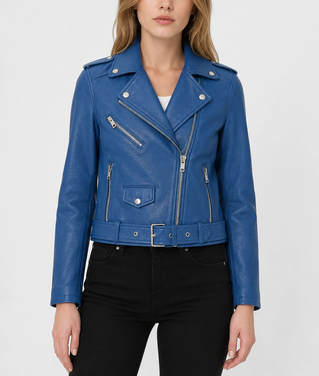 Womens Classic Blue Motorcycle Leather Jacket | TLC