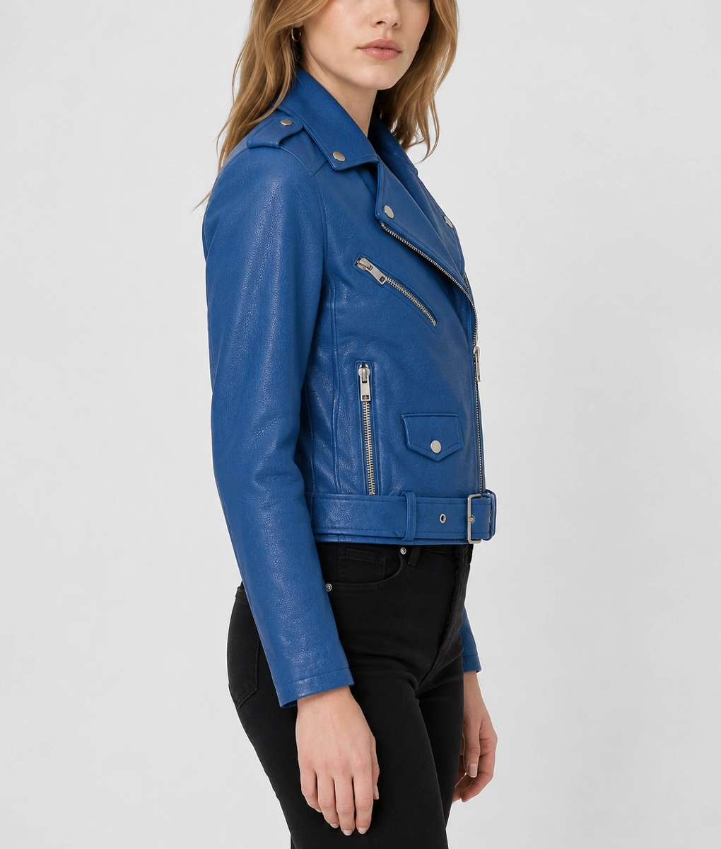 Womens Classic Blue Motorcycle Leather Jacket - Side