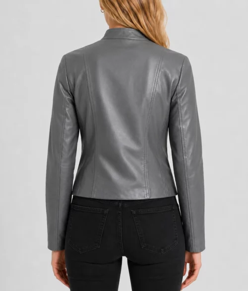 Womens Classic Grey Leather Jacket - Back
