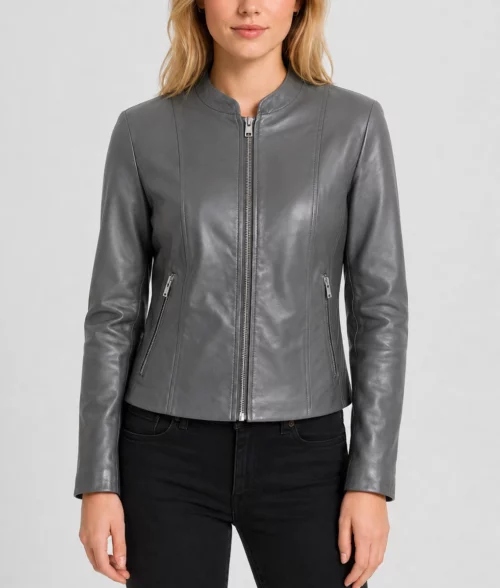 Womens Classic Grey Leather Jacket - Front