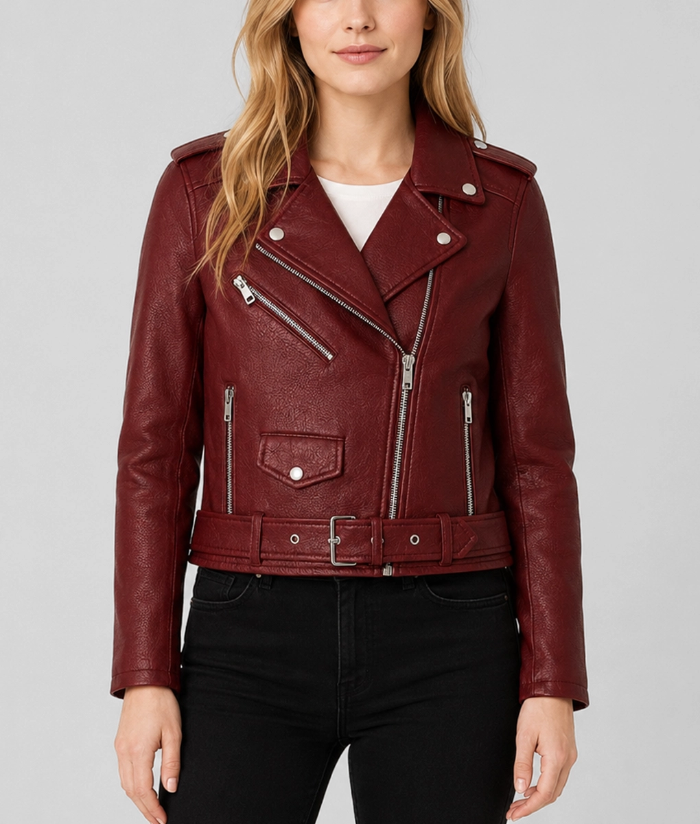 Womens Classic Maroon Biker Leather Jacket - Front