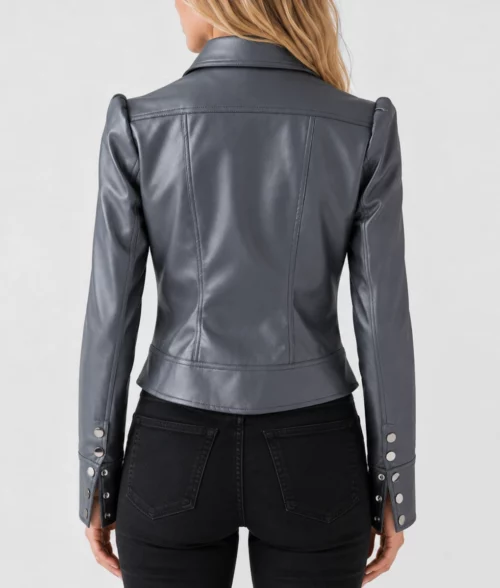 Womens Elegant Charcoal Grey Leather Jacket - Back