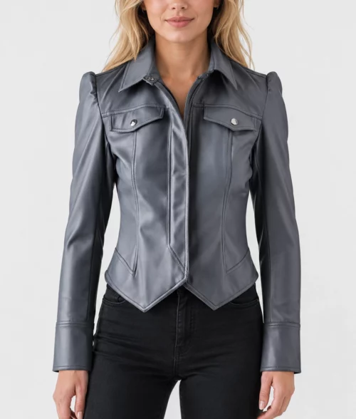 Womens Elegant Charcoal Grey Leather Jacket - Front