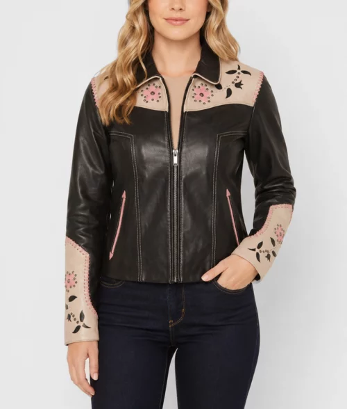 Womens Floral Western Leather Jacket - Front