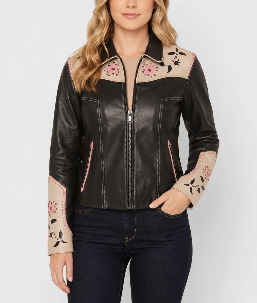 Womens Floral Western Leather Jacket - Front