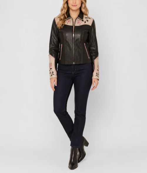 Womens Floral Western Leather Jacket - Full