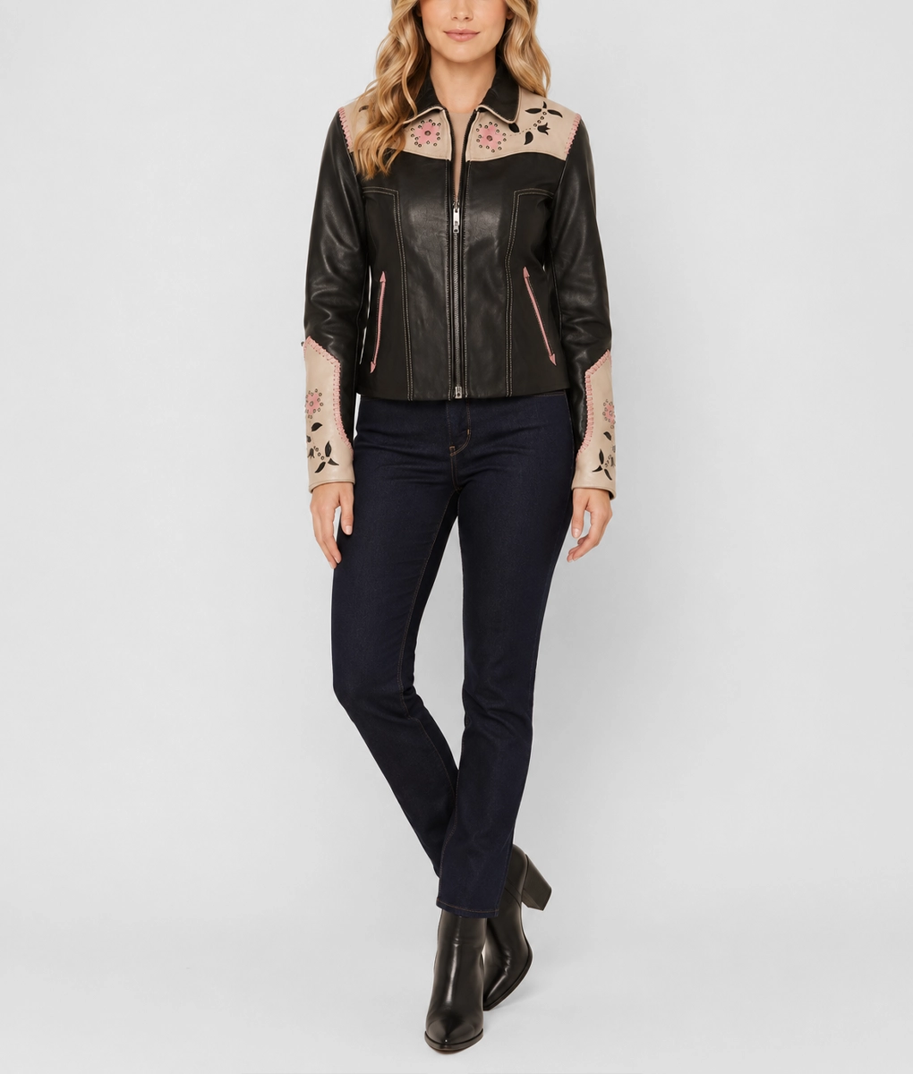 Womens Floral Western Leather Jacket - Full