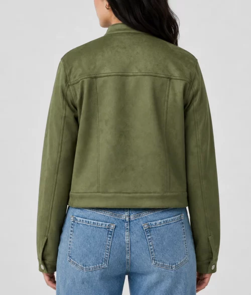 Womens Green Suede Leather Trucker Jacket - Back