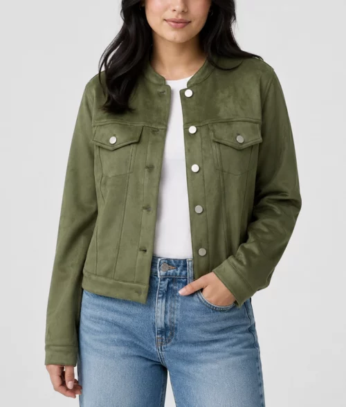 Womens Green Suede Leather Trucker Jacket - Front
