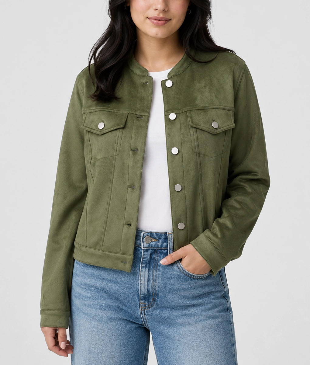 Womens Green Suede Leather Trucker Jacket - Front