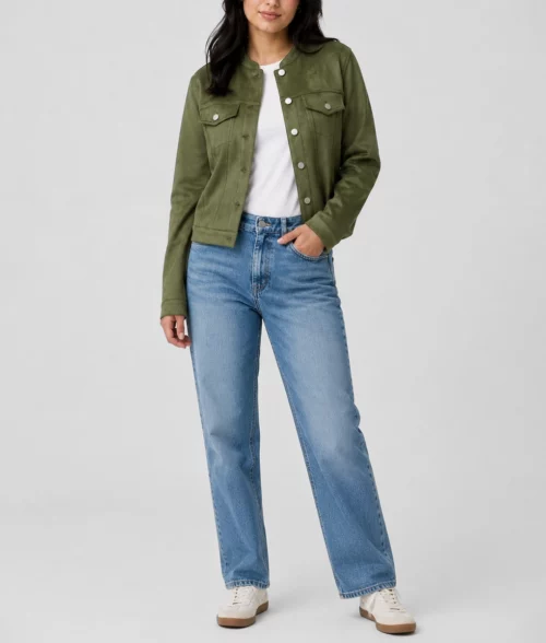 Womens Green Suede Leather Trucker Jacket - Full