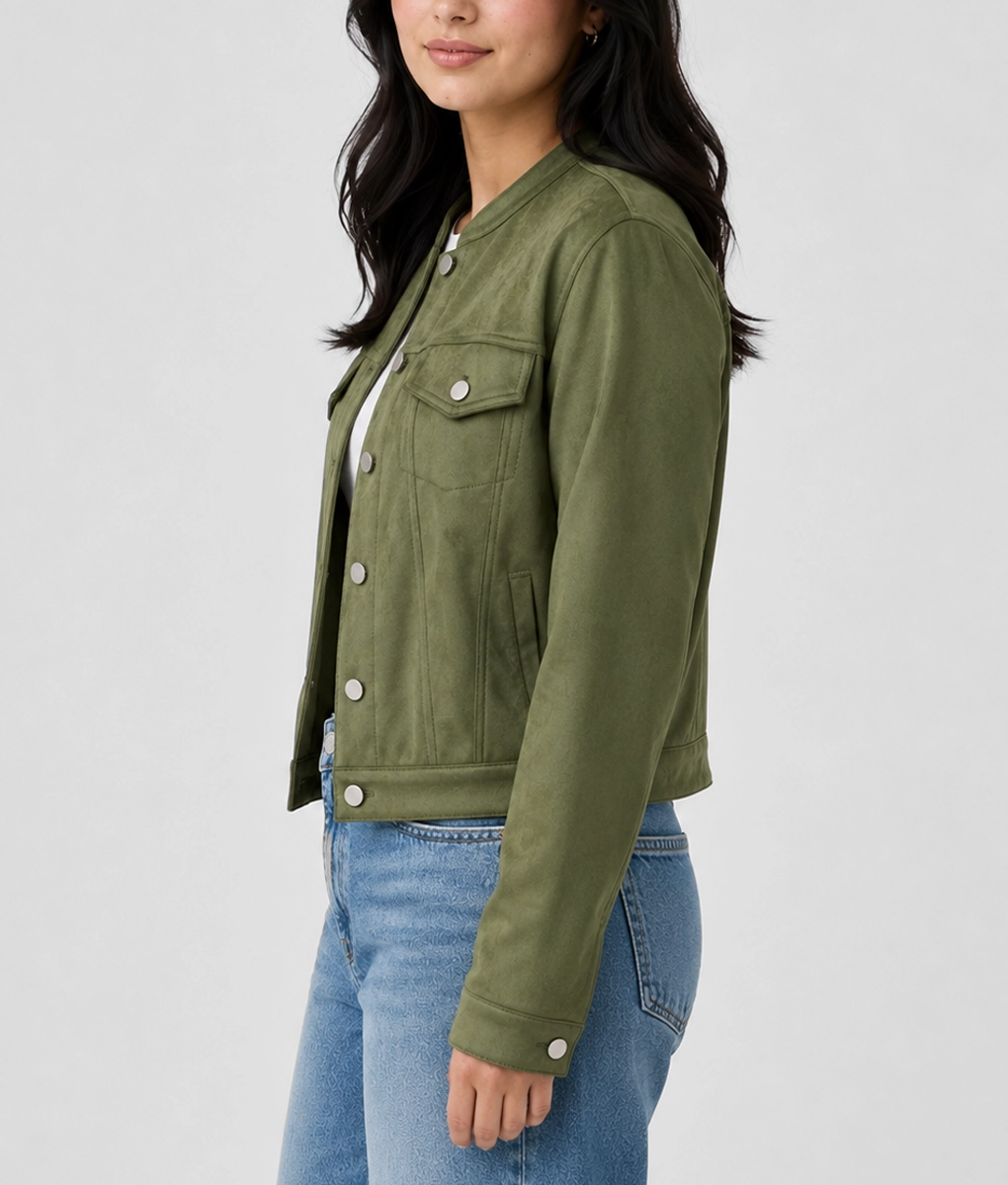Womens Green Suede Leather Trucker Jacket - Side