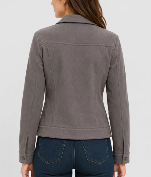 Womens Grey Suede Leather Trucker Jacket - Back