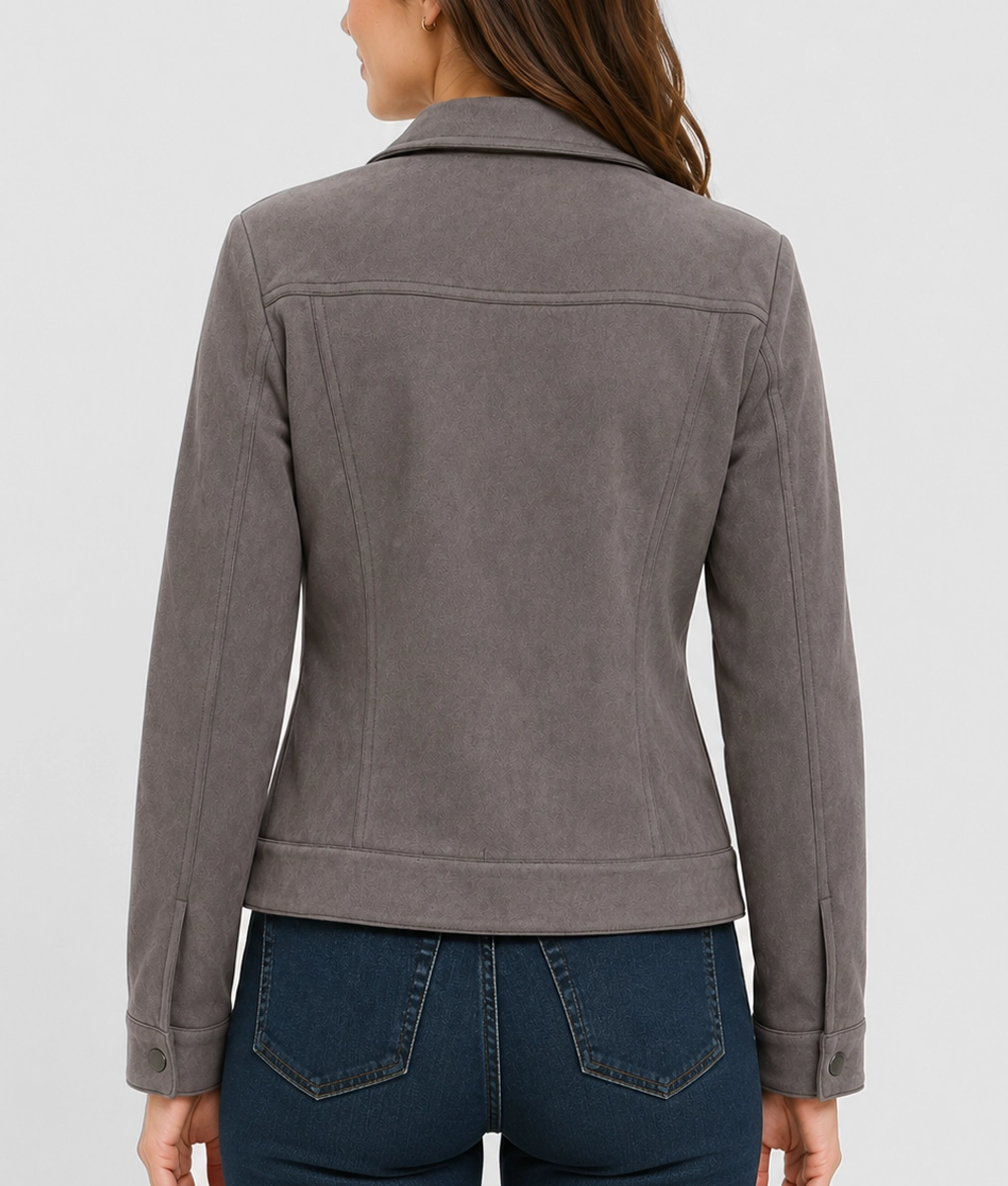 Womens Grey Suede Leather Trucker Jacket - Back