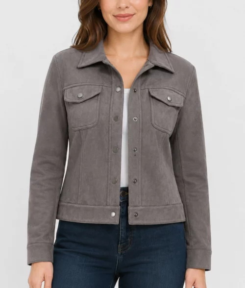 Womens Grey Suede Leather Trucker Jacket - Front