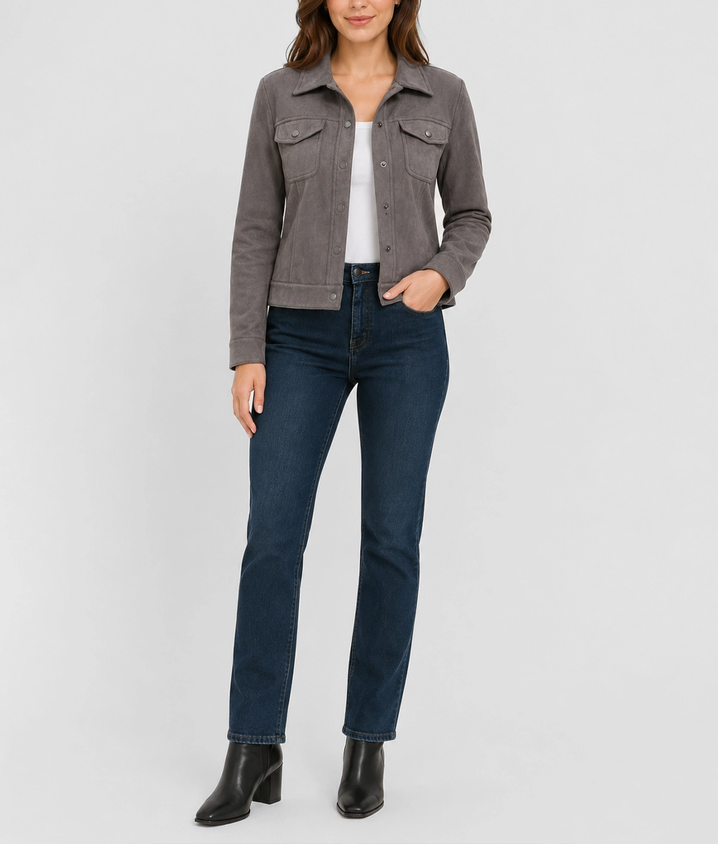Womens Grey Suede Leather Trucker Jacket - Full