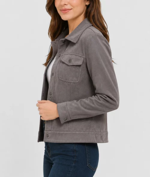 Womens Grey Suede Leather Trucker Jacket - Side