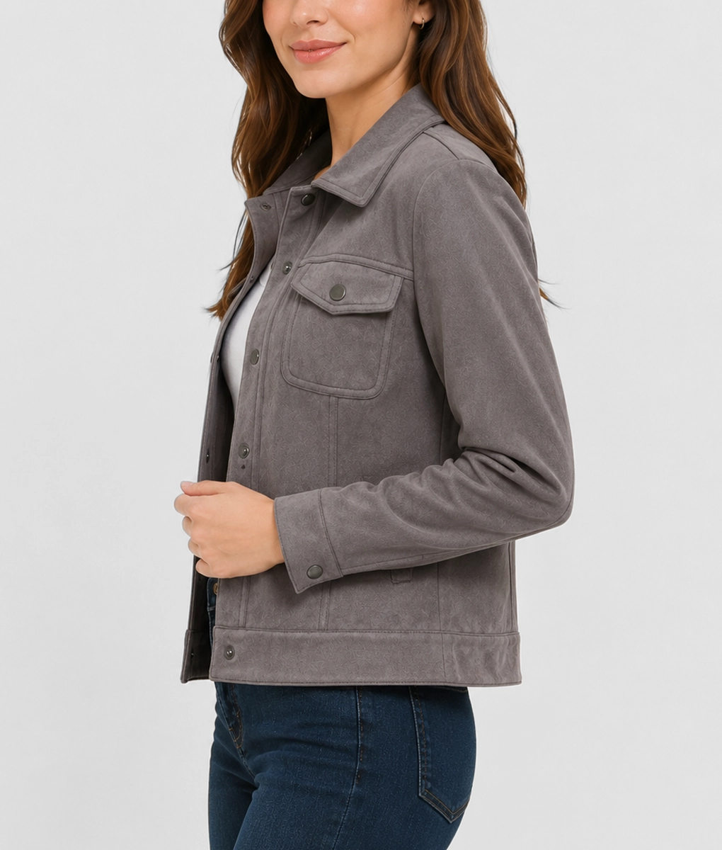 Womens Grey Suede Leather Trucker Jacket - Side